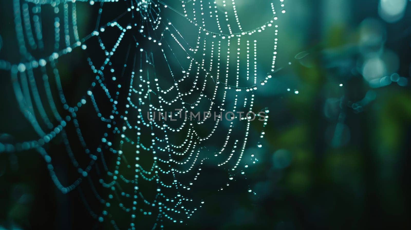 The complex geometry of a spiderweb captures the twilight's first light, creating a shimmering spectacle of dew against a dark forest canvas.