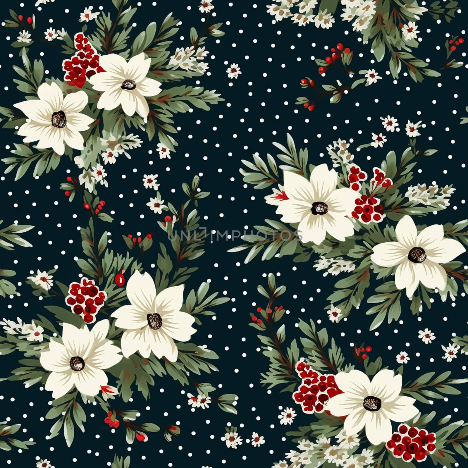 Seamless pattern, tileable Christmas holiday poinsettia floral country dots print on black, English countryside flowers for wallpaper, wrapping paper, scrapbook, fabric and product design motif