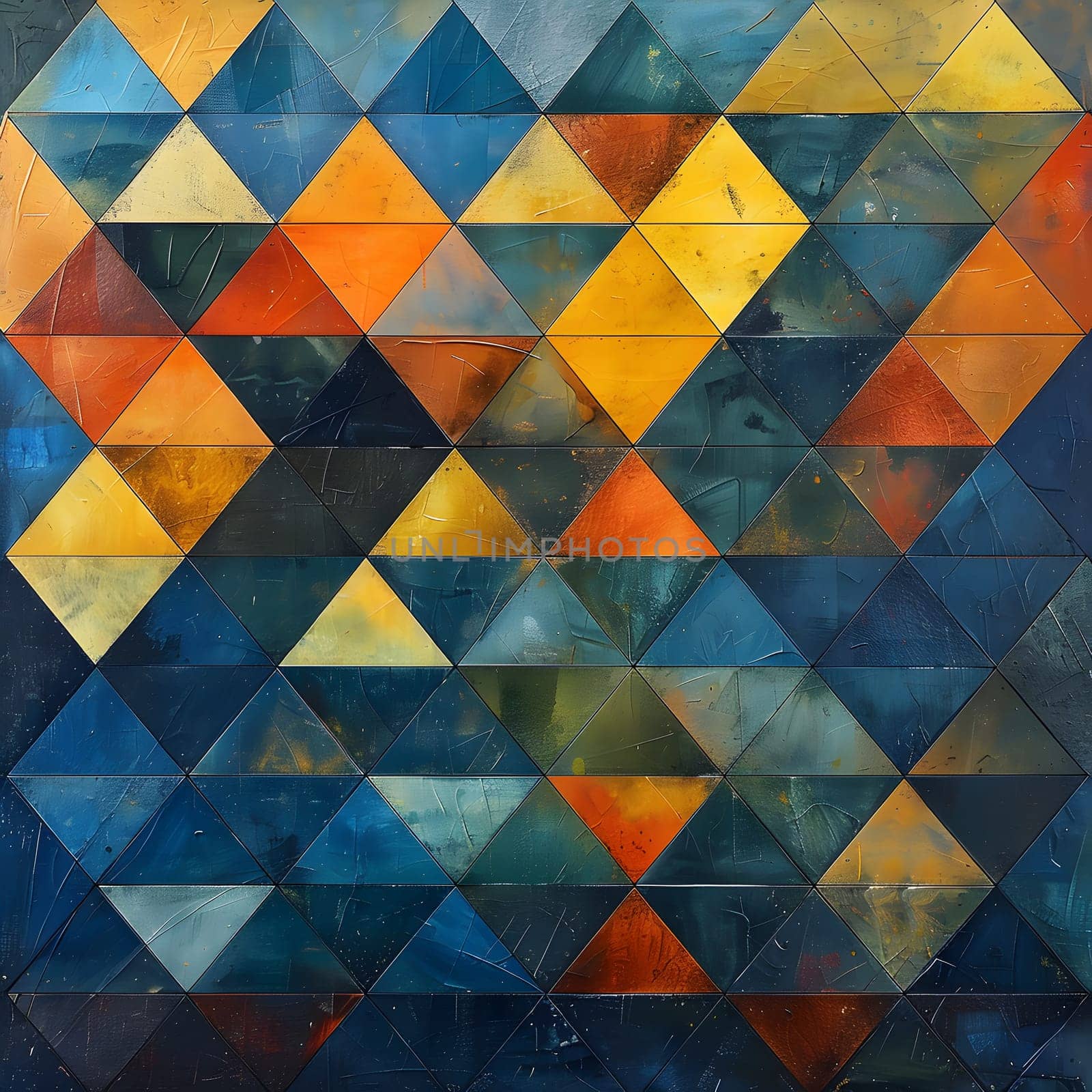 A vibrant geometric pattern of azure, orange, and grey triangles on a dark background, reminiscent of a modern textile art. Perfect for flooring or adding a pop of color to any room