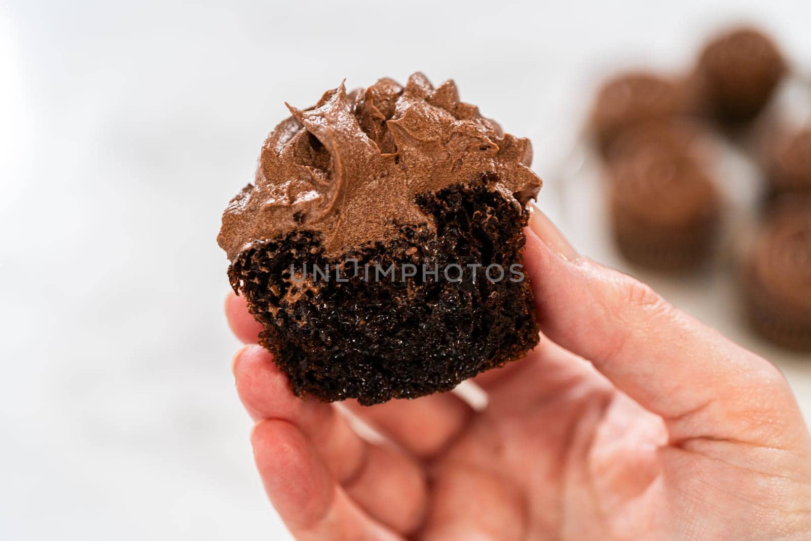 Chocolate Cupcake Sliced in Half on Kitchen Counter by arinahabich