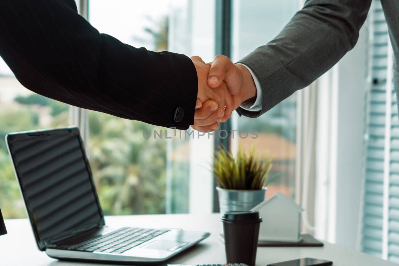 Businessman executive handshake with businesswoman worker in modern workplace office. People corporate business deals concept. uds