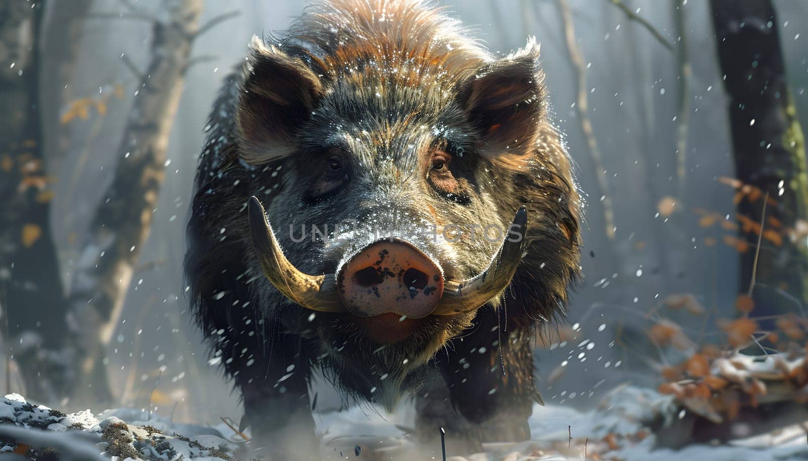 A carnivorous terrestrial animal, the wild boar, with furcovered body and powerful jaw equipped with sharp fangs, is sprinting through a snowy forest landscape among other wildlife organisms