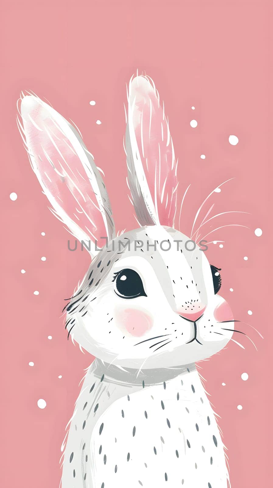 A white Rabbit with pink ears is sitting on a pink background, resembling a toy. Its fawncolored fur and cute snout stand out against the patterned setting