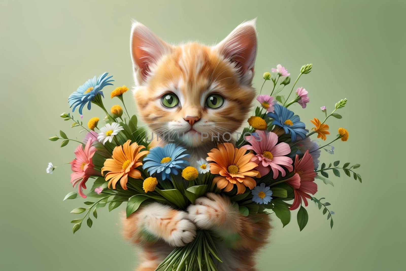 Cute kitten with a large bouquet of flowers .