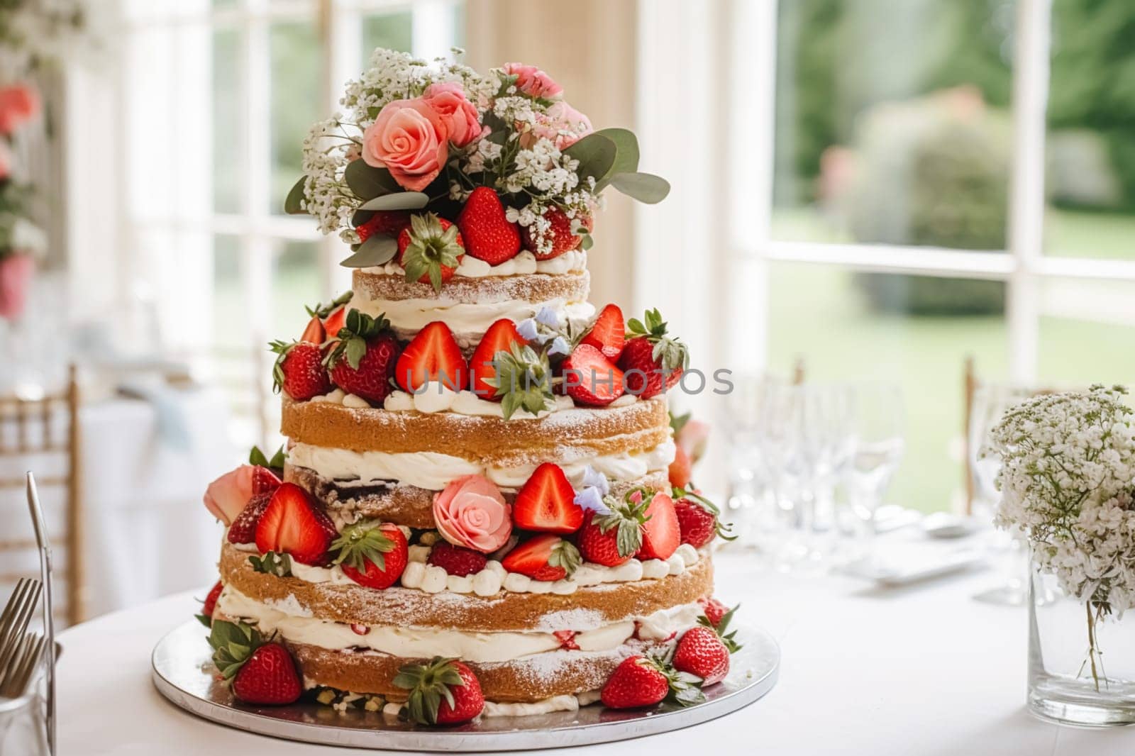 Strawberry cake for wedding, birthday and party celebration, holiday dessert event food catering, country cottage style, post-processed, generative ai