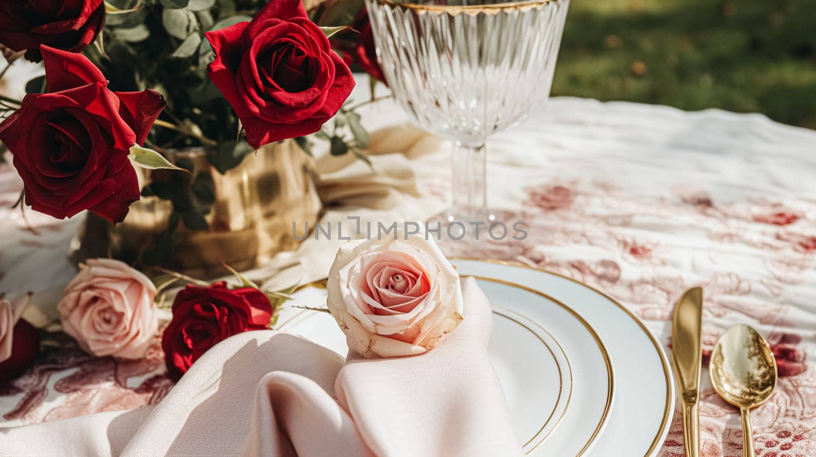 Wedding and event celebration tablescape with flowers, formal dinner table setting with roses and wine, elegant floral table decor for dinner party and holiday decoration, home styling idea