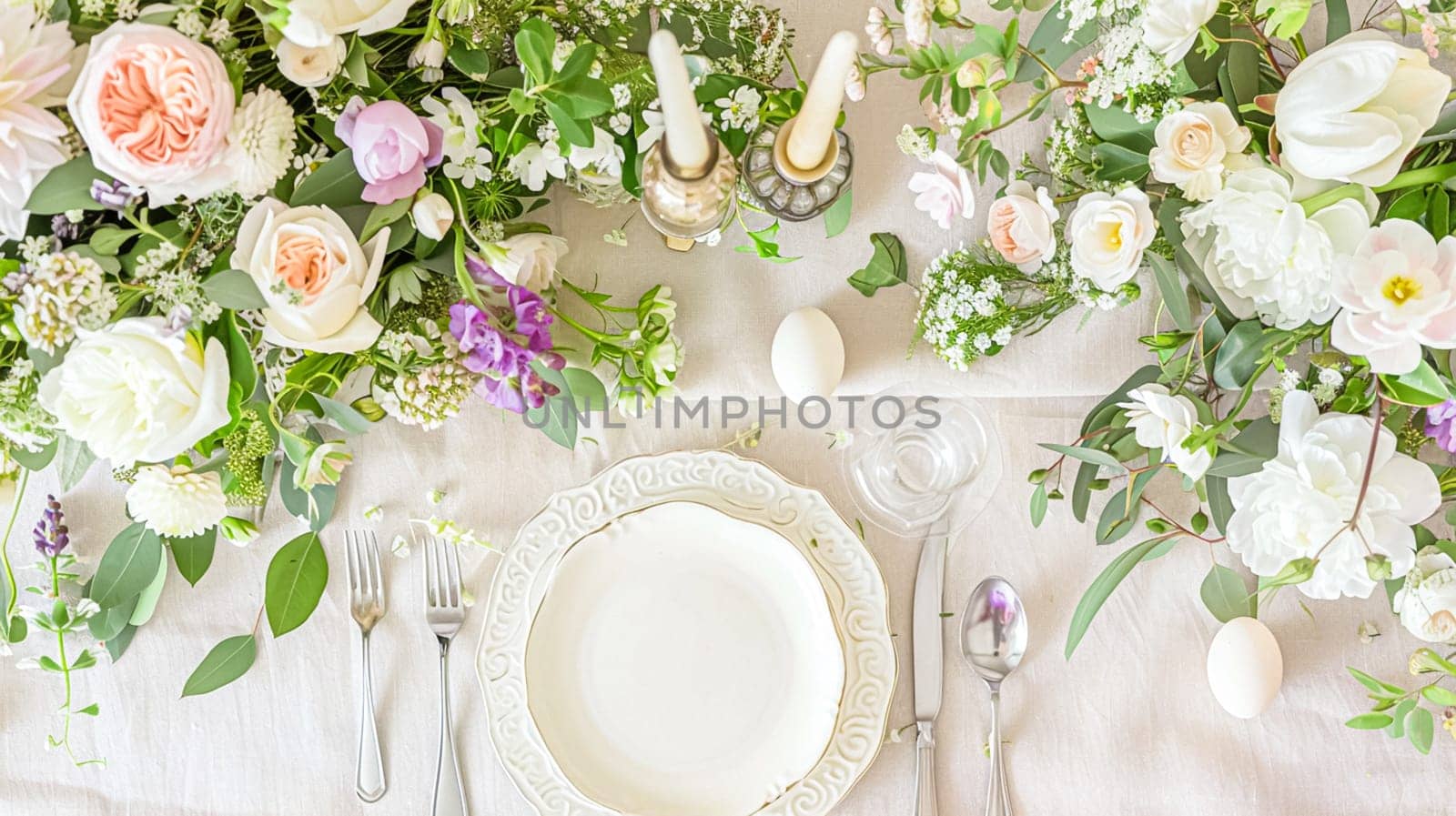 Easter tablescape decoration, floral holiday table decor for family celebration, spring flowers, Easter eggs, Easter bunny and vintage dinnerware, English country and home styling