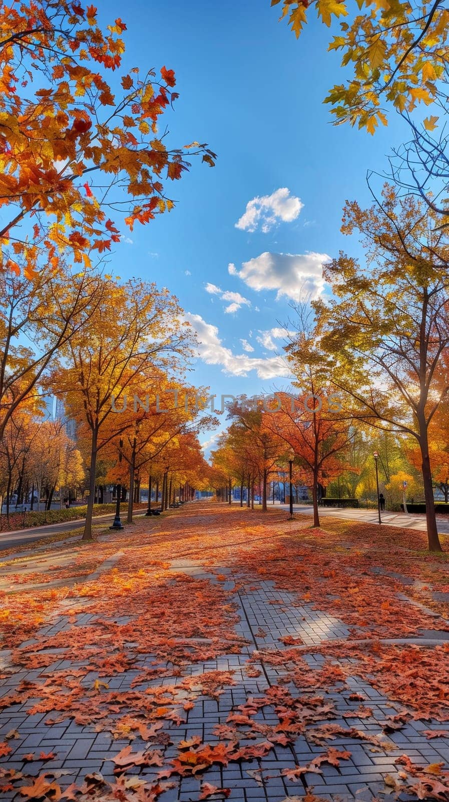Crisp autumn leaves line the walkways of a park, with clear skies above and a vibrant display of fall colors from the surrounding trees.