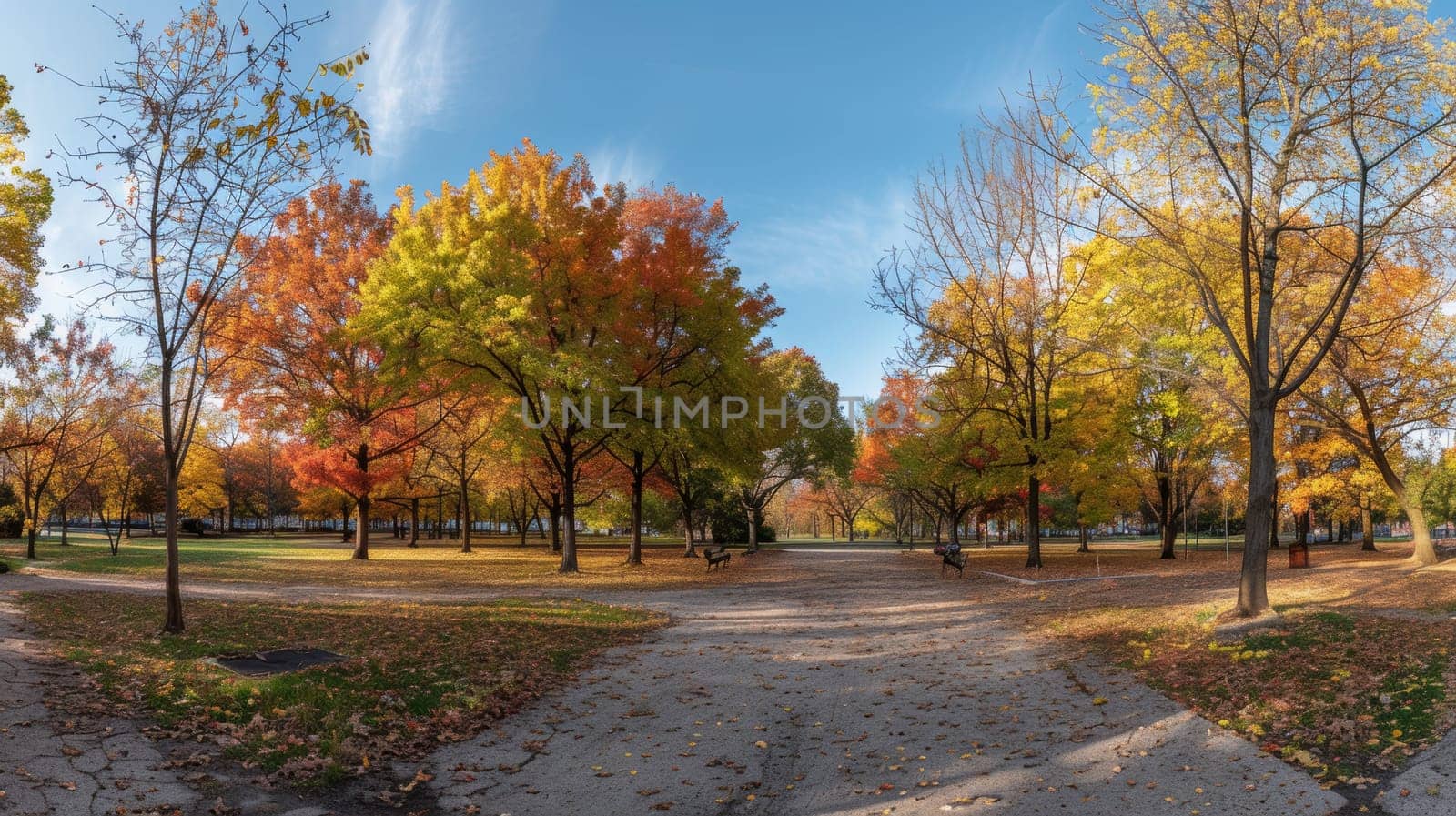 A wide pathway curves through an autumn-clad park, surrounded by a mosaic of warm-colored leaves and the soft light of an early fall day.. by sfinks