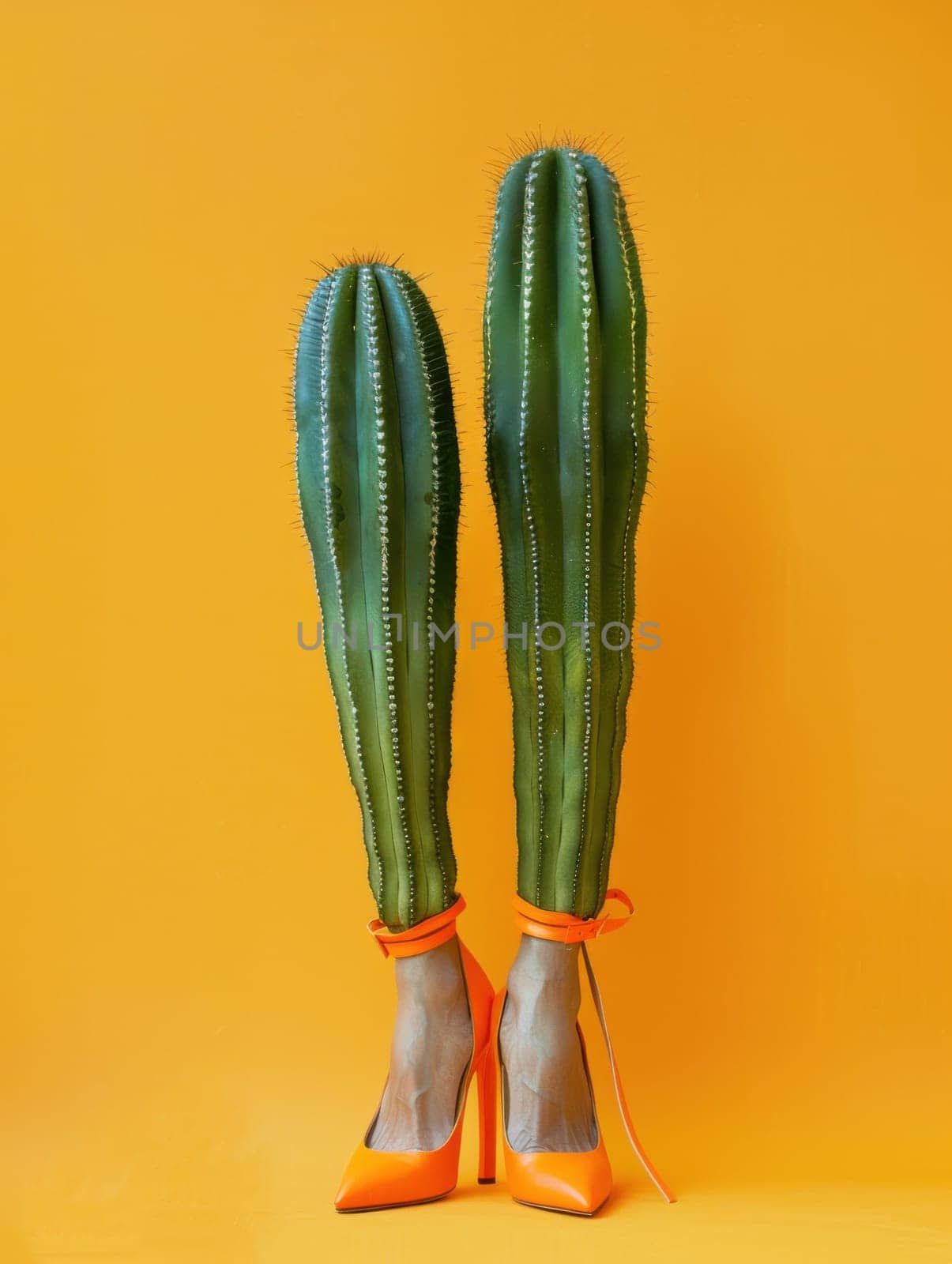 Desert chic two cactus plants wearing bright orange shoes as woman's legs enter frame