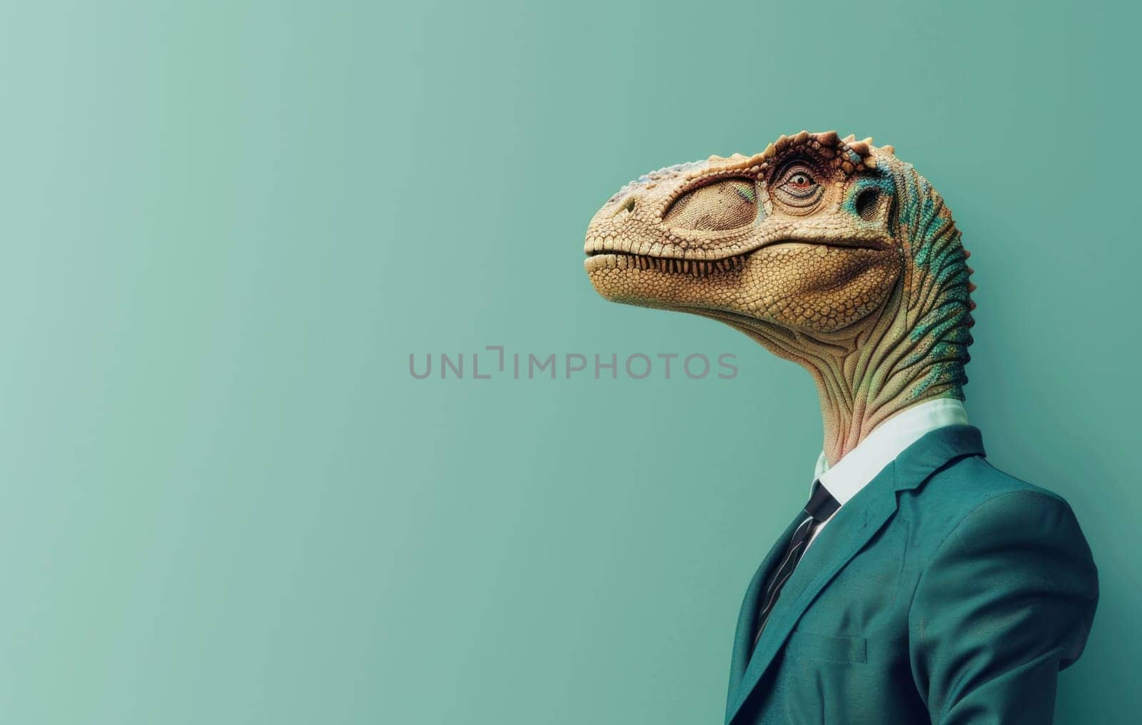 Dapper trex head in business attire gazing into the distance for fashion and business concepts