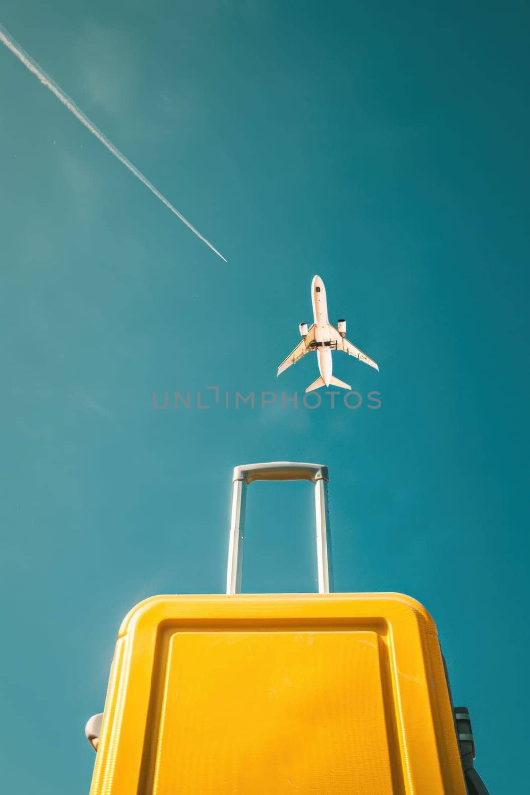 Adventure awaits yellow suitcase underneath jet plane flying in blue sky travel concept photo