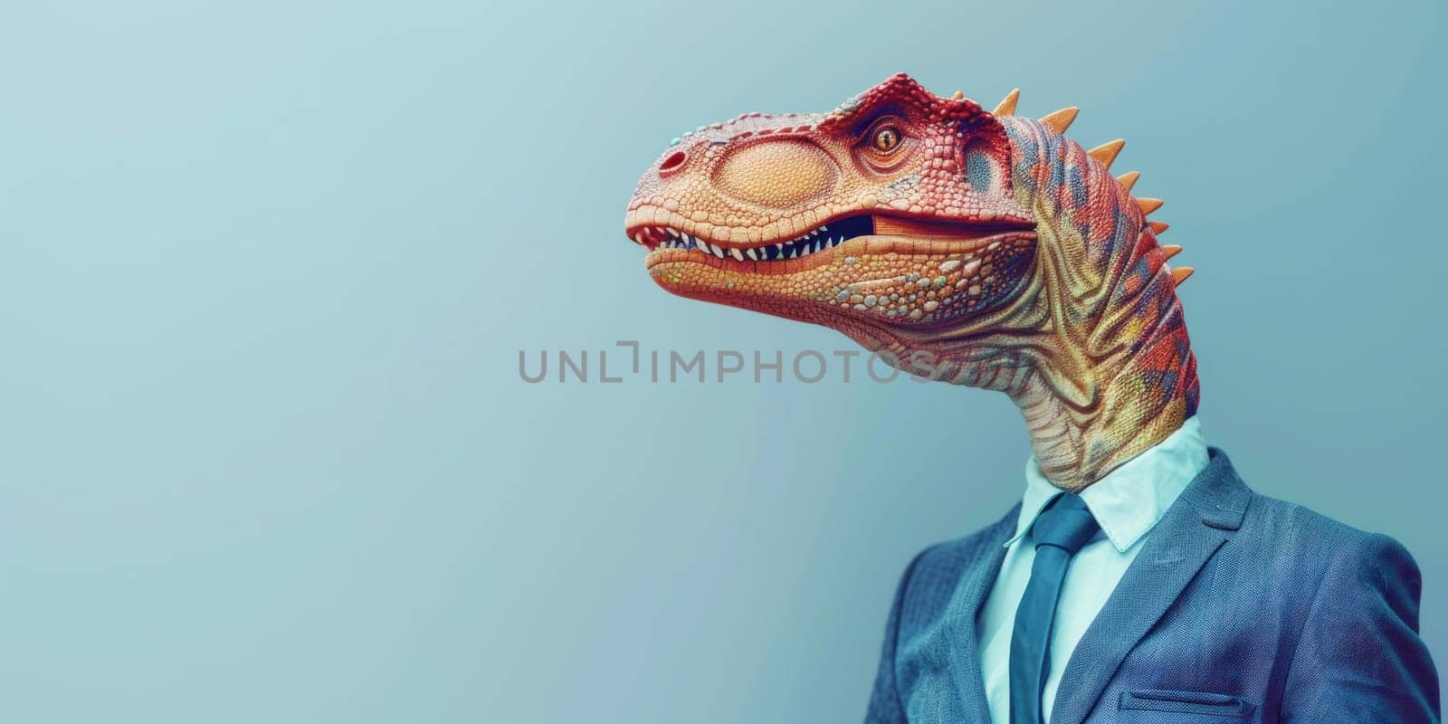 Stylish dinosaur in business attire on blue background with space for text fashionable business trip concept