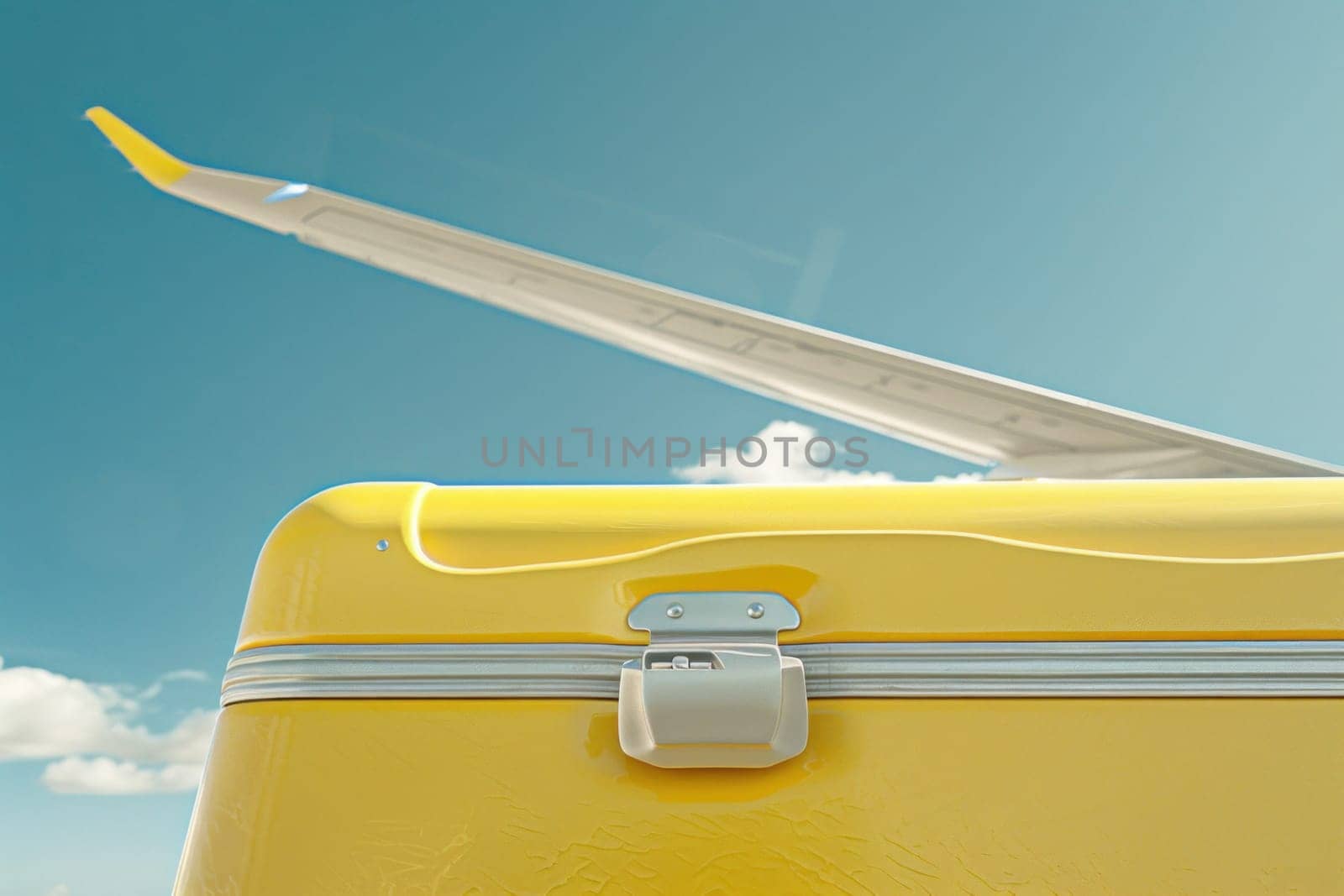 Yellow suitcase on side of airplane wing travel and adventure concept with fashionable luggage