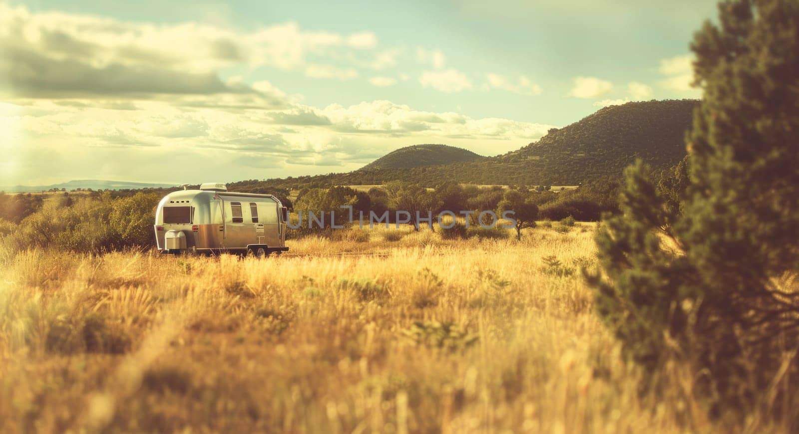 Scenic airstream trailer parked in grassy field with majestic mountains in background for travel adventure concept