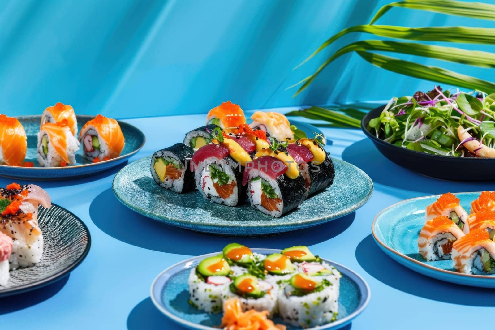 Sushi and other food on blue table with palm trees in background, featuring various culinary delights and tropical atmosphere