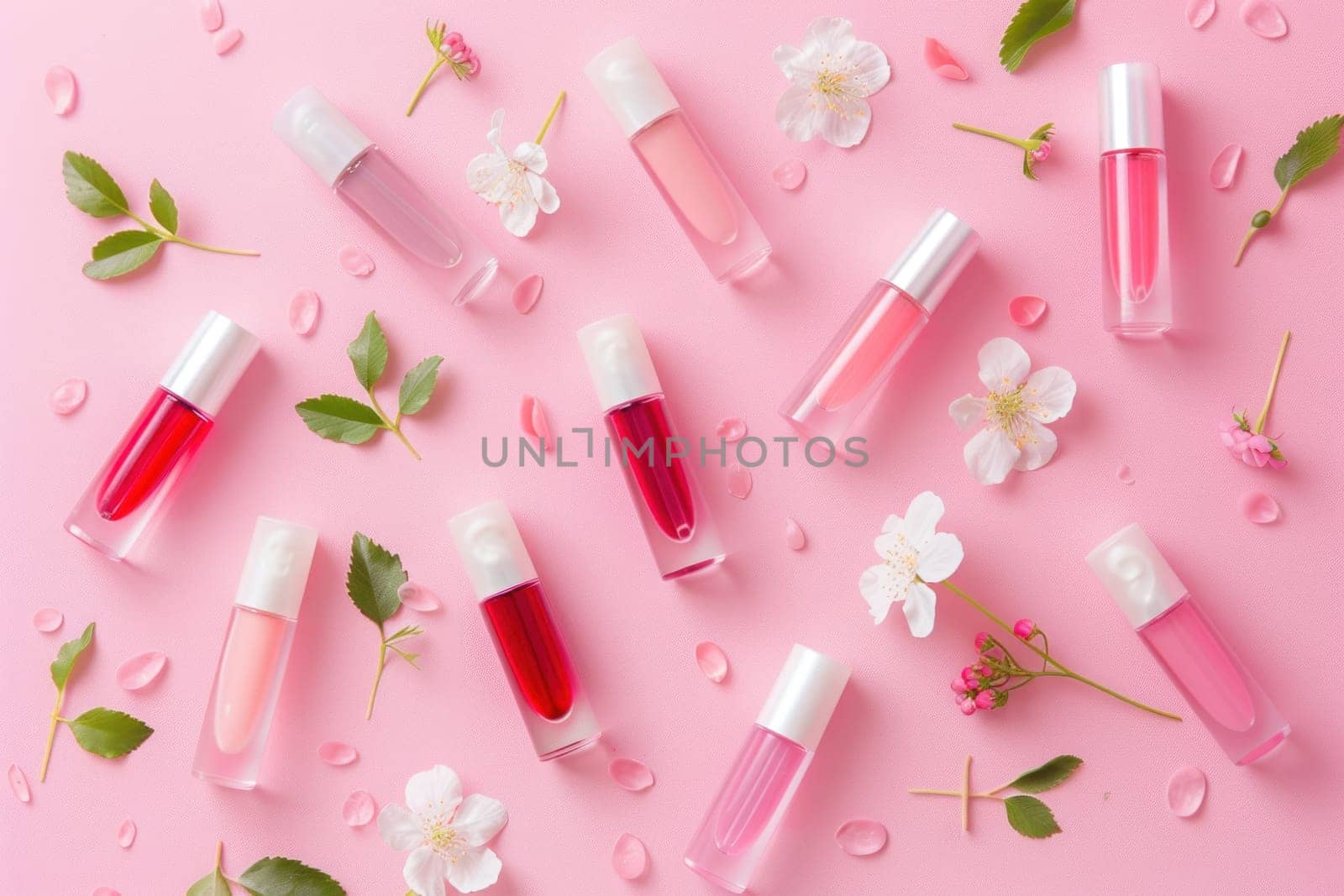 Assorted lip glosses with cherry blossoms and water droplets on pink background for beauty and fashion concept