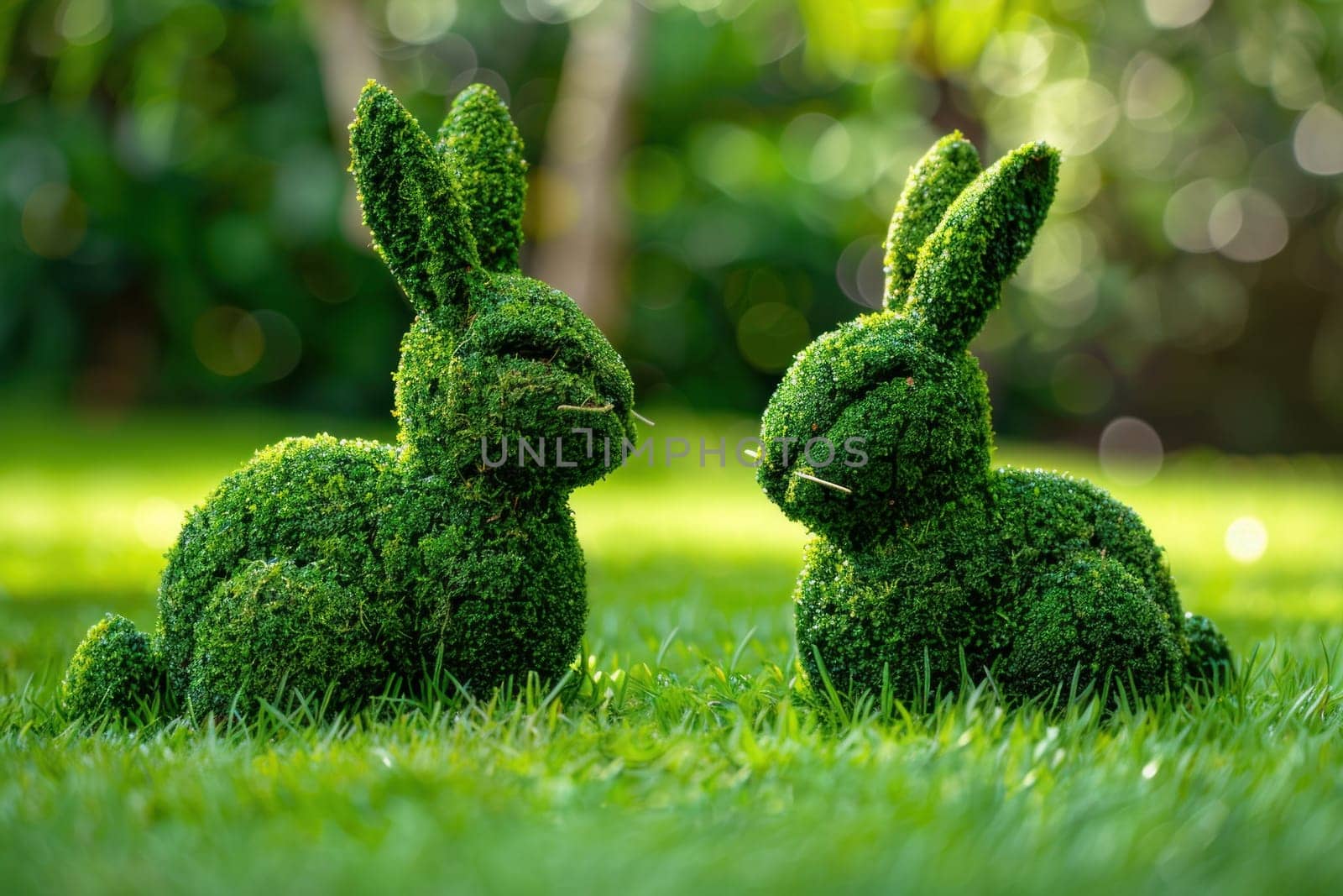 Topiary rabbits resting on green grass field in garden sculpture artwork landscape design concept