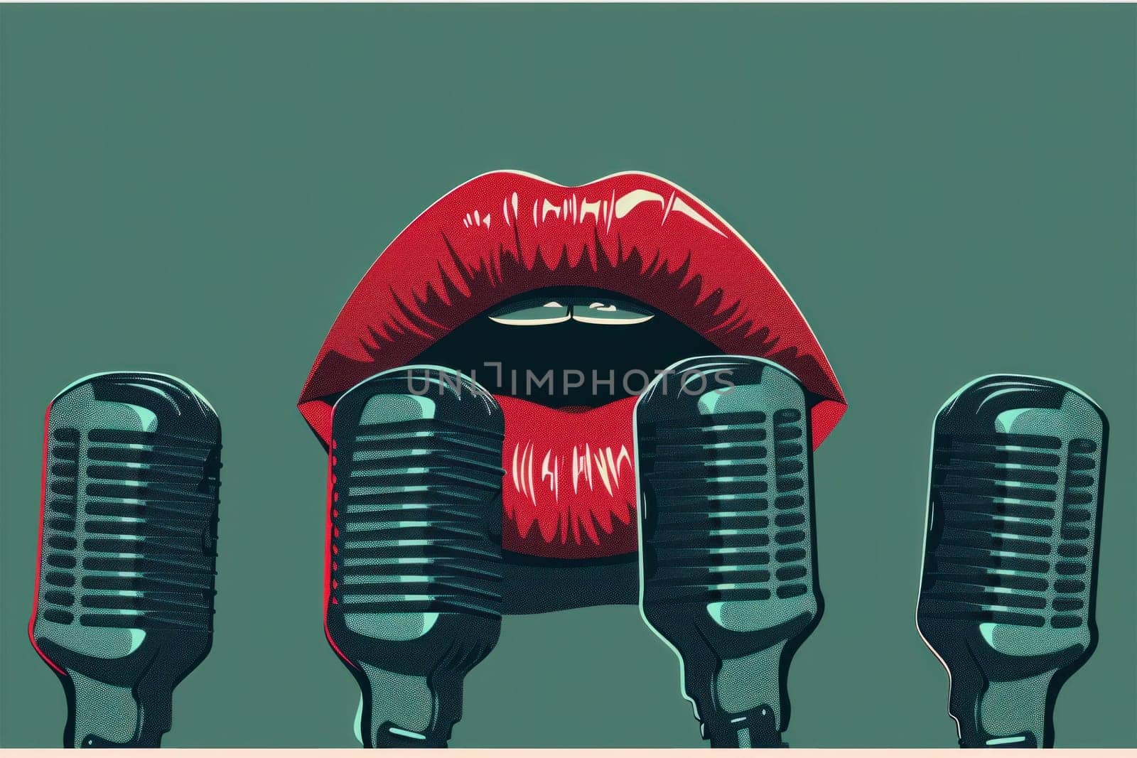 Singing lessons concept with red lips and microphones on green background for music education theme