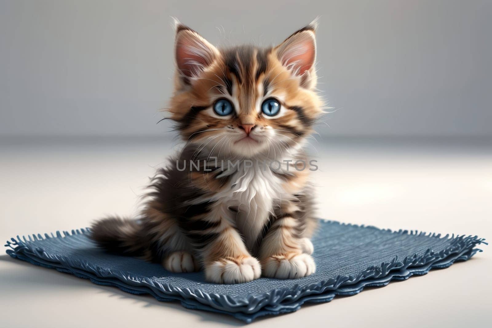 portrait of a cute white kitten with long hair, obedient and cute, sitting on a rug in an empty room .