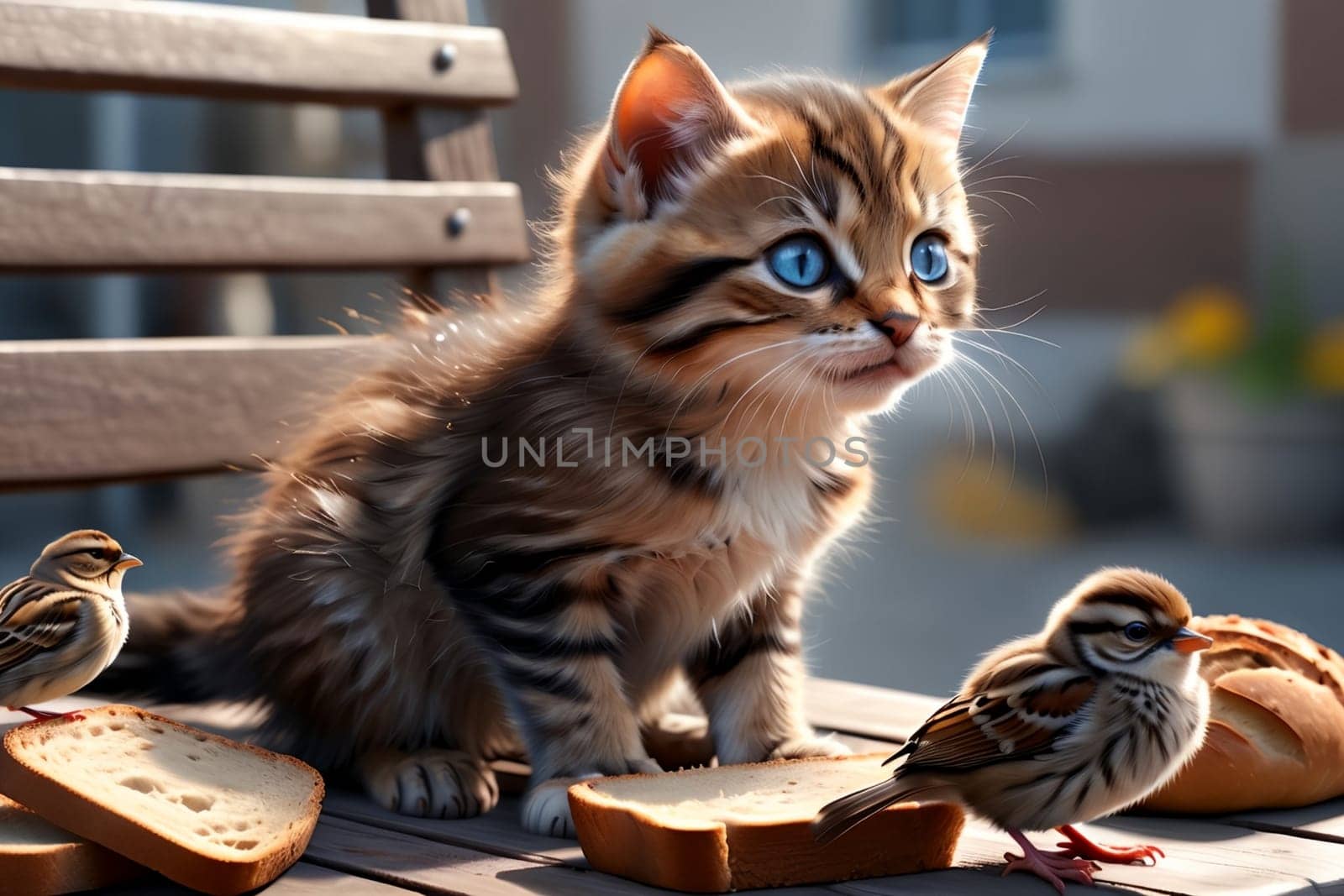 kitten and sparrow sitting on a bench on a warm day, eating bread .
