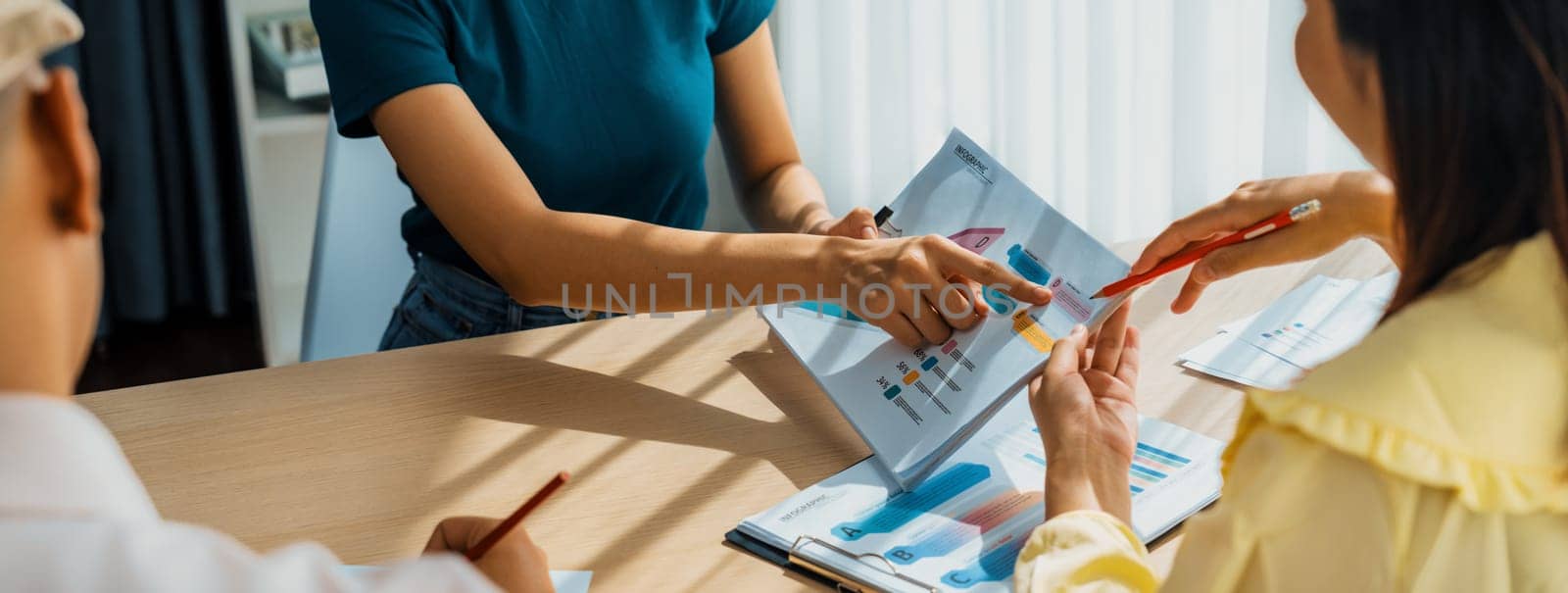 Startup company employee working together, analyzing BI dashboard paper on financial data report and planning strategic marketing for business success in panorama banner. Synergic