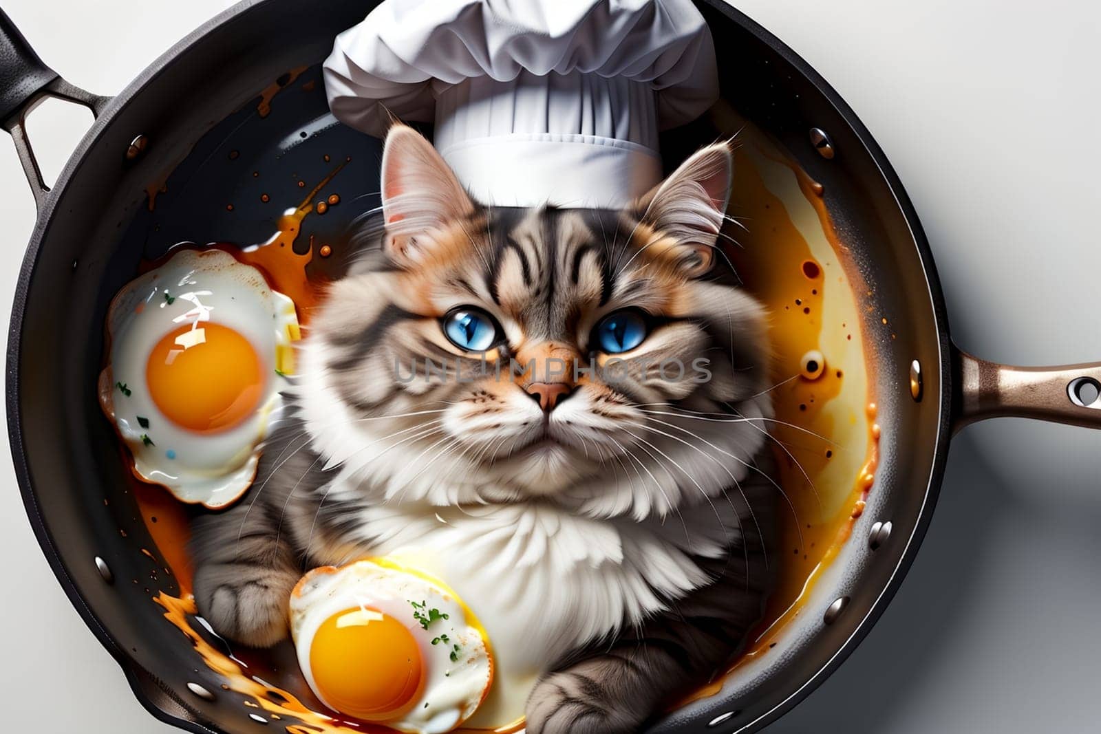 professional chef cat frying scrambled eggs in a frying pan ,view from above