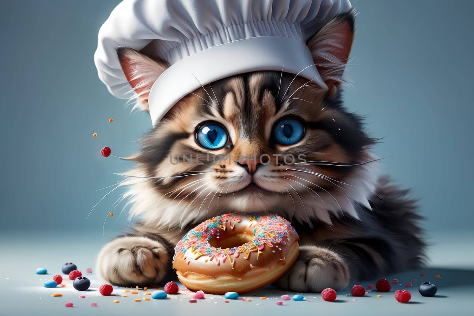 professional cat chef with colored sweet donuts, donuts in sweet glaze .