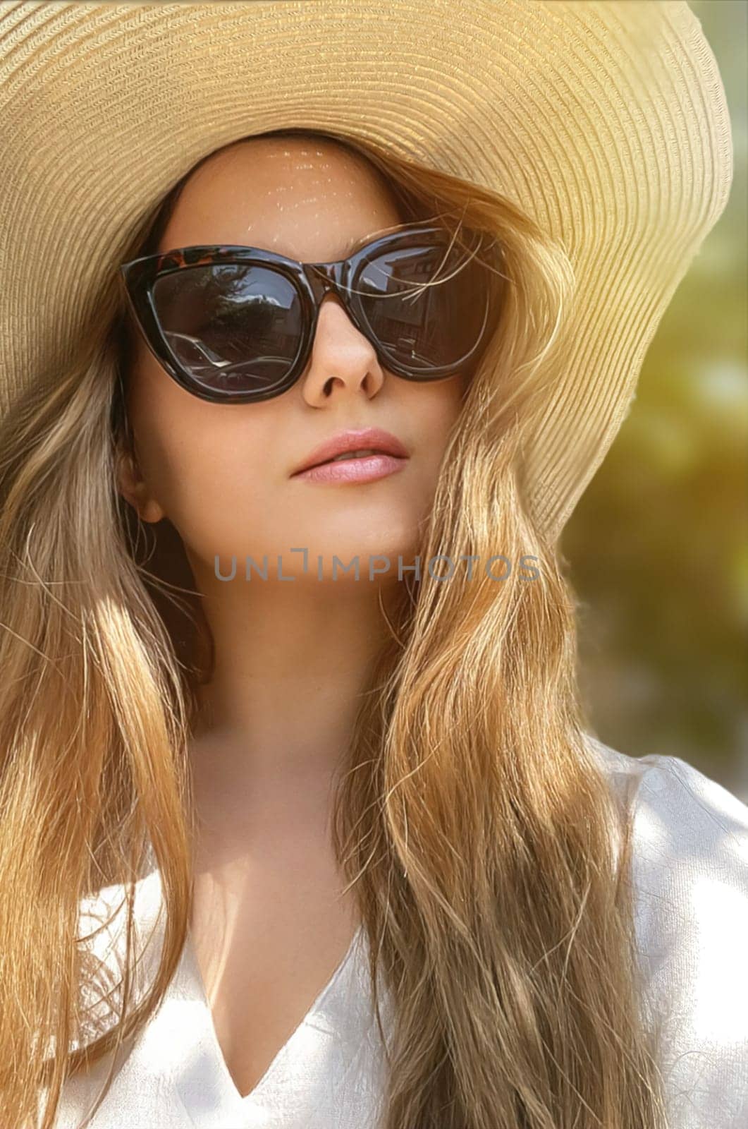 Beauty, summer holiday and fashion, face portrait of happy woman wearing hat and sunglasses, for skincare cosmetics, sunscreen spf lifestyle look by Anneleven