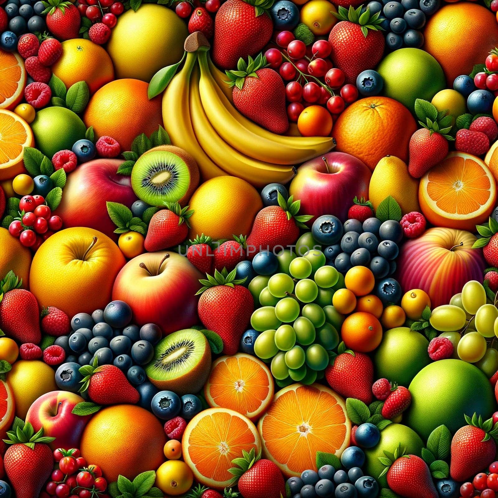 A vibrant painting showcasing a variety of fruits including red strawberries, green apples, yellow bananas, and orange oranges arranged in a colorful background.
