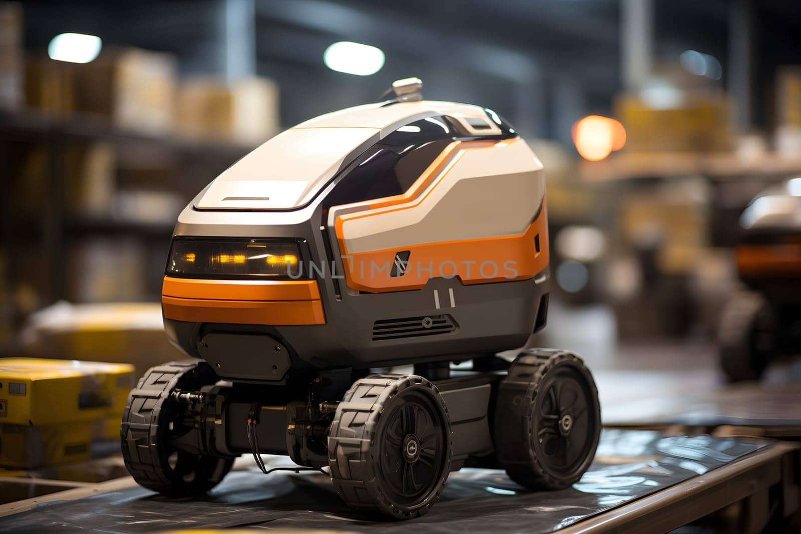 A robot is stationed on a conveyor belt in a warehouse handling automotive tires, wheels, and vehicles. It is responsible for moving items such as toys, treads, and bumpers for automotive design