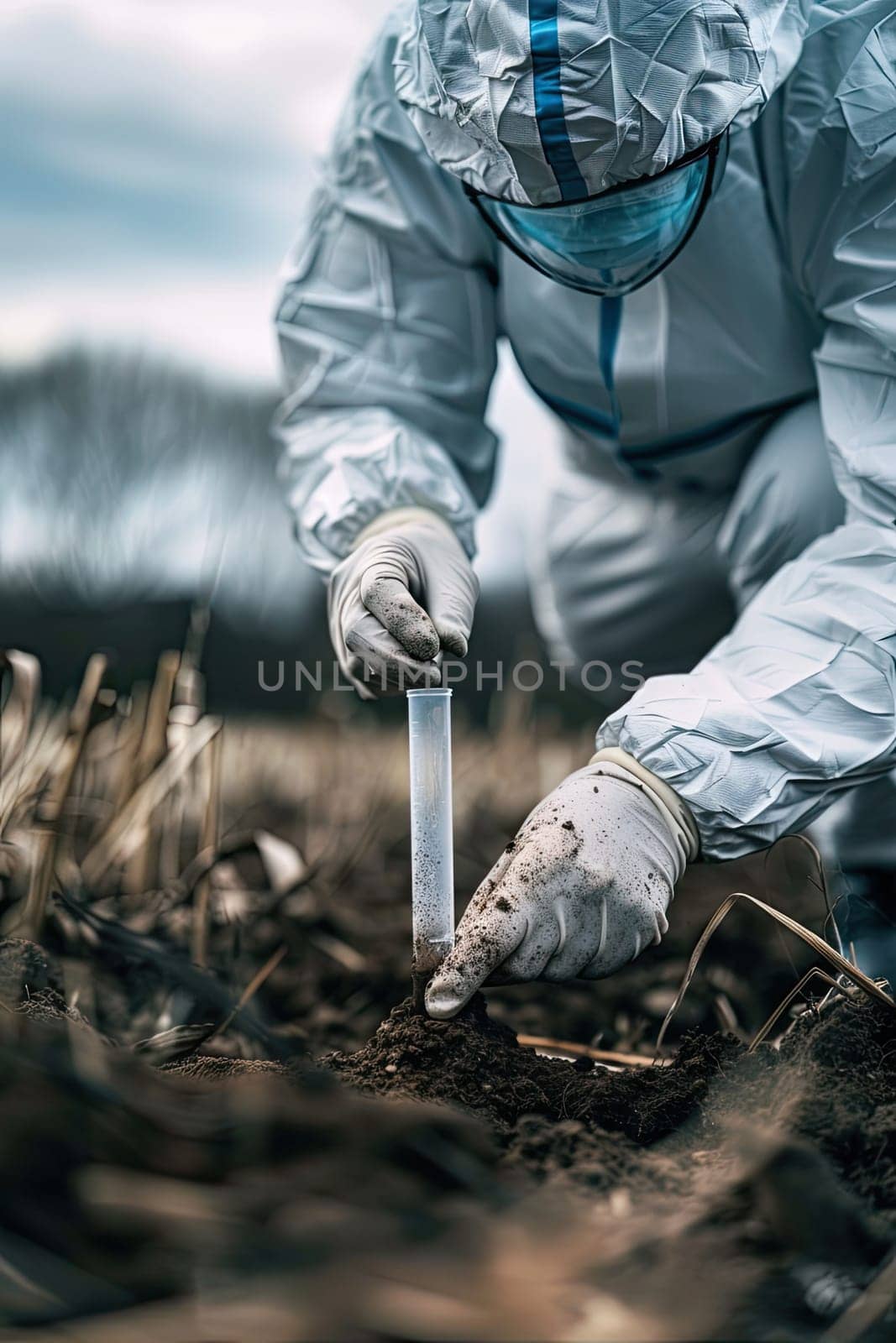 A man in a protective suit takes soil samples. Selective focus. by mila1784