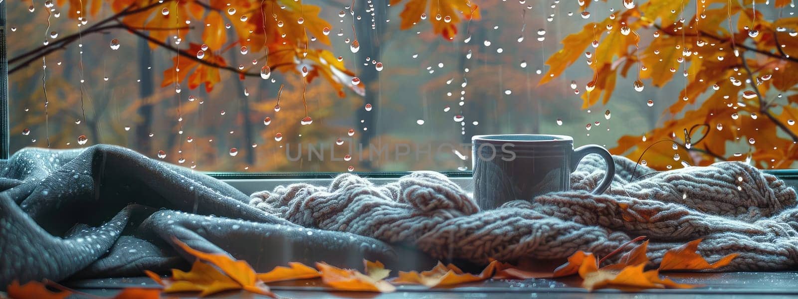 A cup of tea against the background of a wet autumn window. Selective focus. drinks.