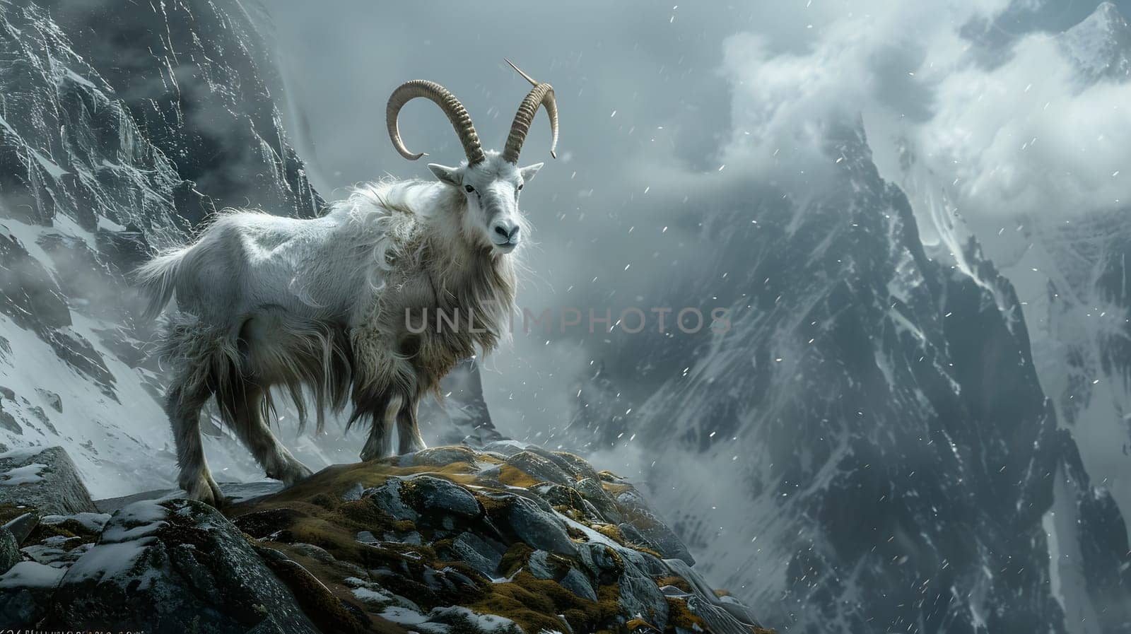 A horned goatantelope stands atop a snowcovered mountain in a majestic landscape. These terrestrial animals, known for their horns, thrive in mountainous regions