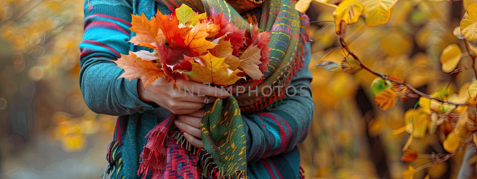 woman holds autumn leaves in her hands. Selective focus. by yanadjana