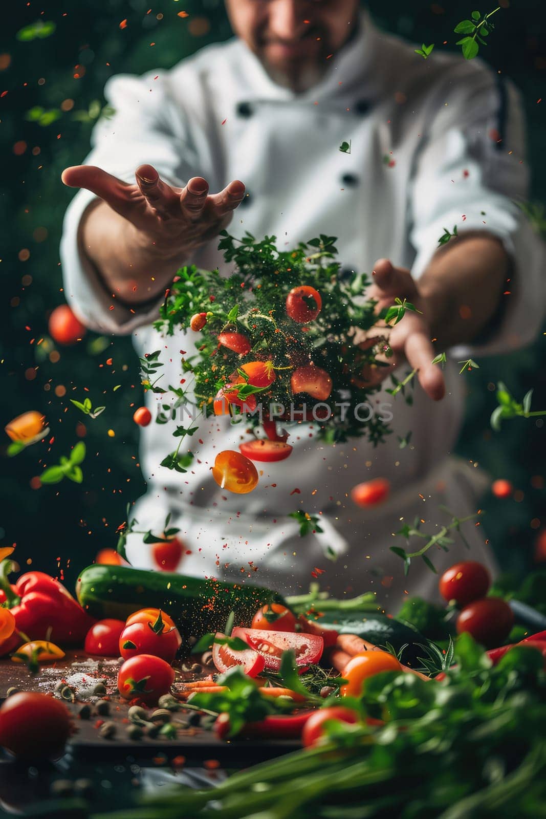 The cook is preparing a splash of food in the kitchen. Selective focus. food.