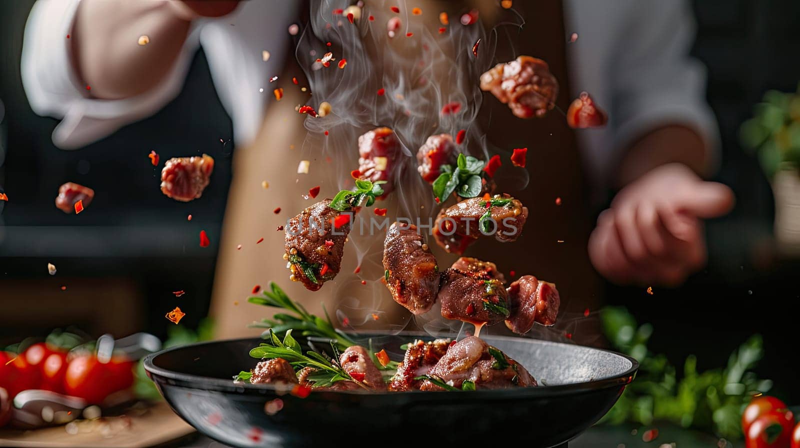 The cook is preparing a splash of food in the kitchen. Selective focus. food.