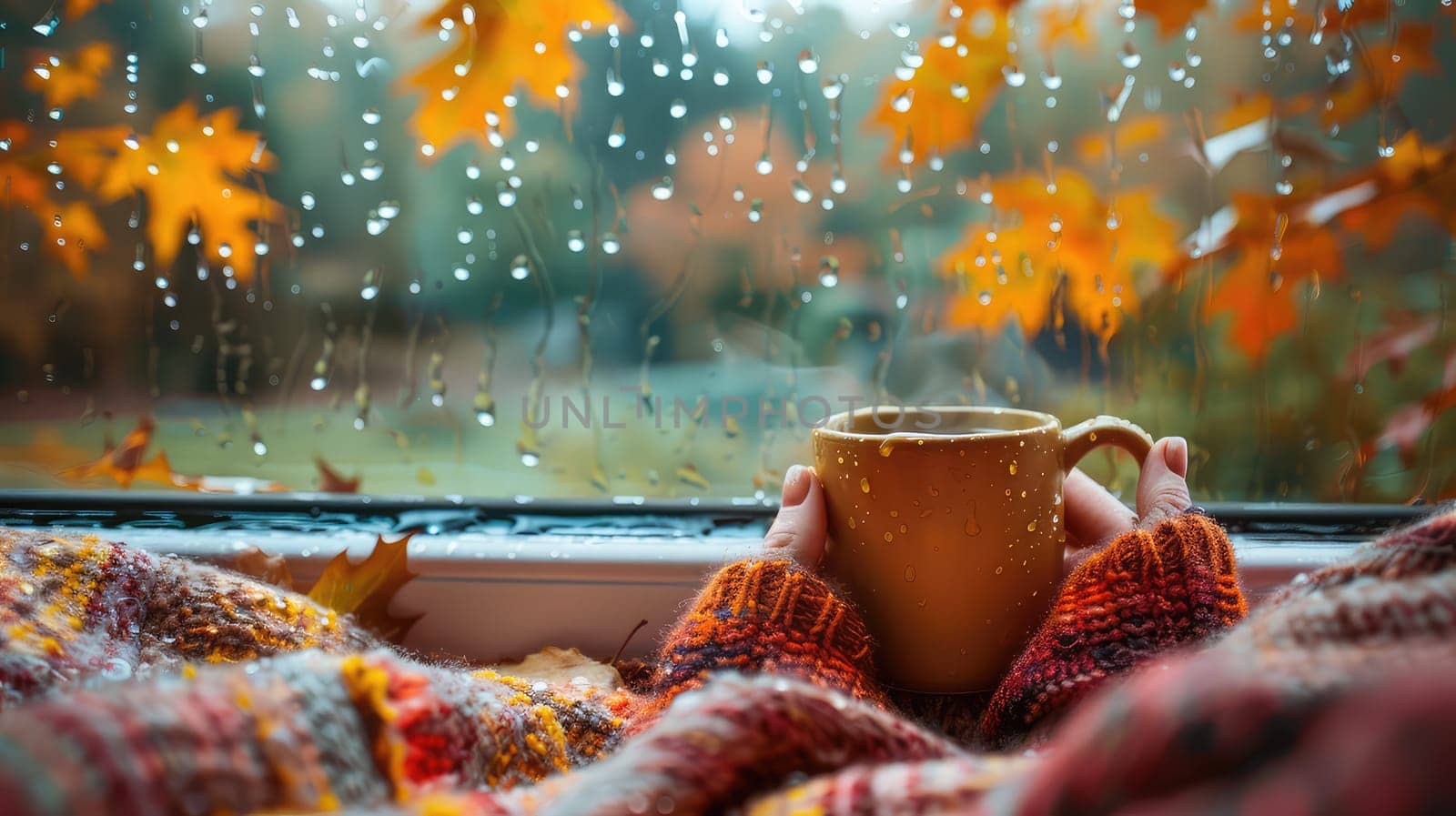 A cup of tea against the background of a wet autumn window. Selective focus. drinks.