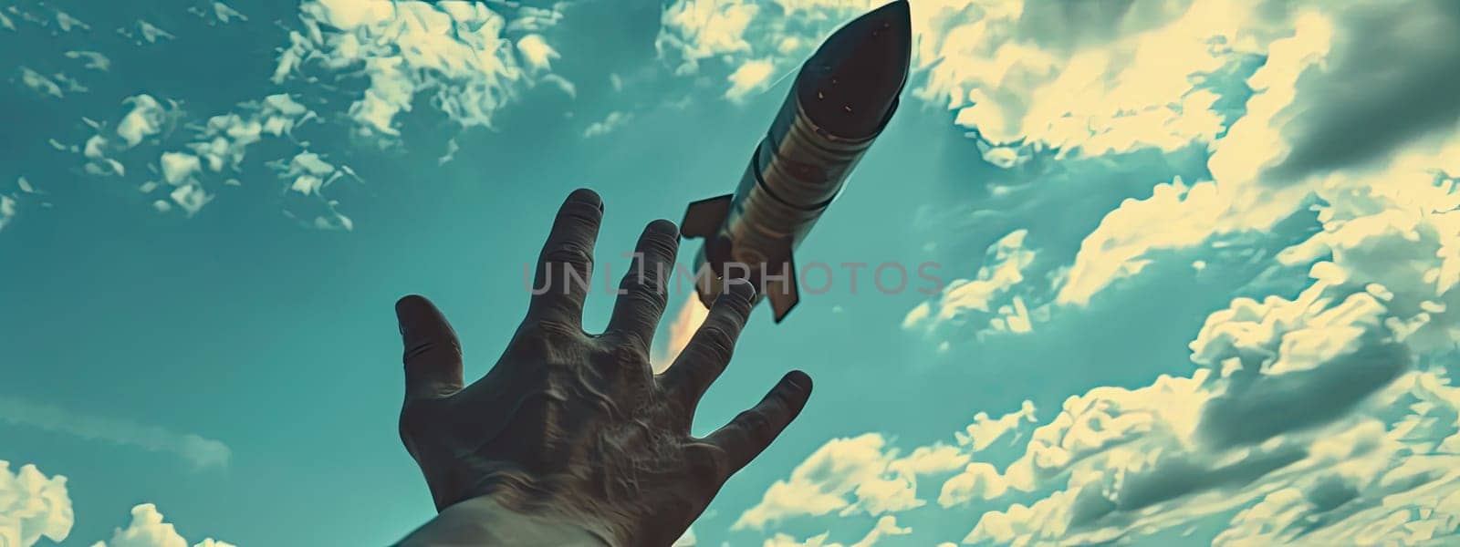 A man's hand holds a rocket. Selective focus. Nature.