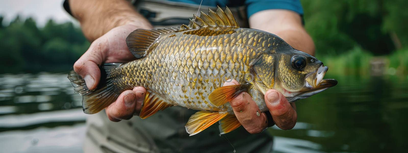 The fisherman holds a fish in his hands. Selective focus. nature.