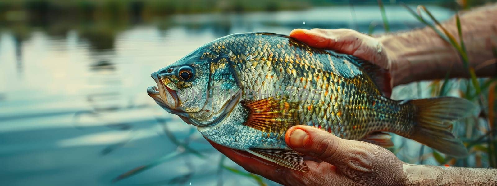 The fisherman holds a fish in his hands. Selective focus. nature.