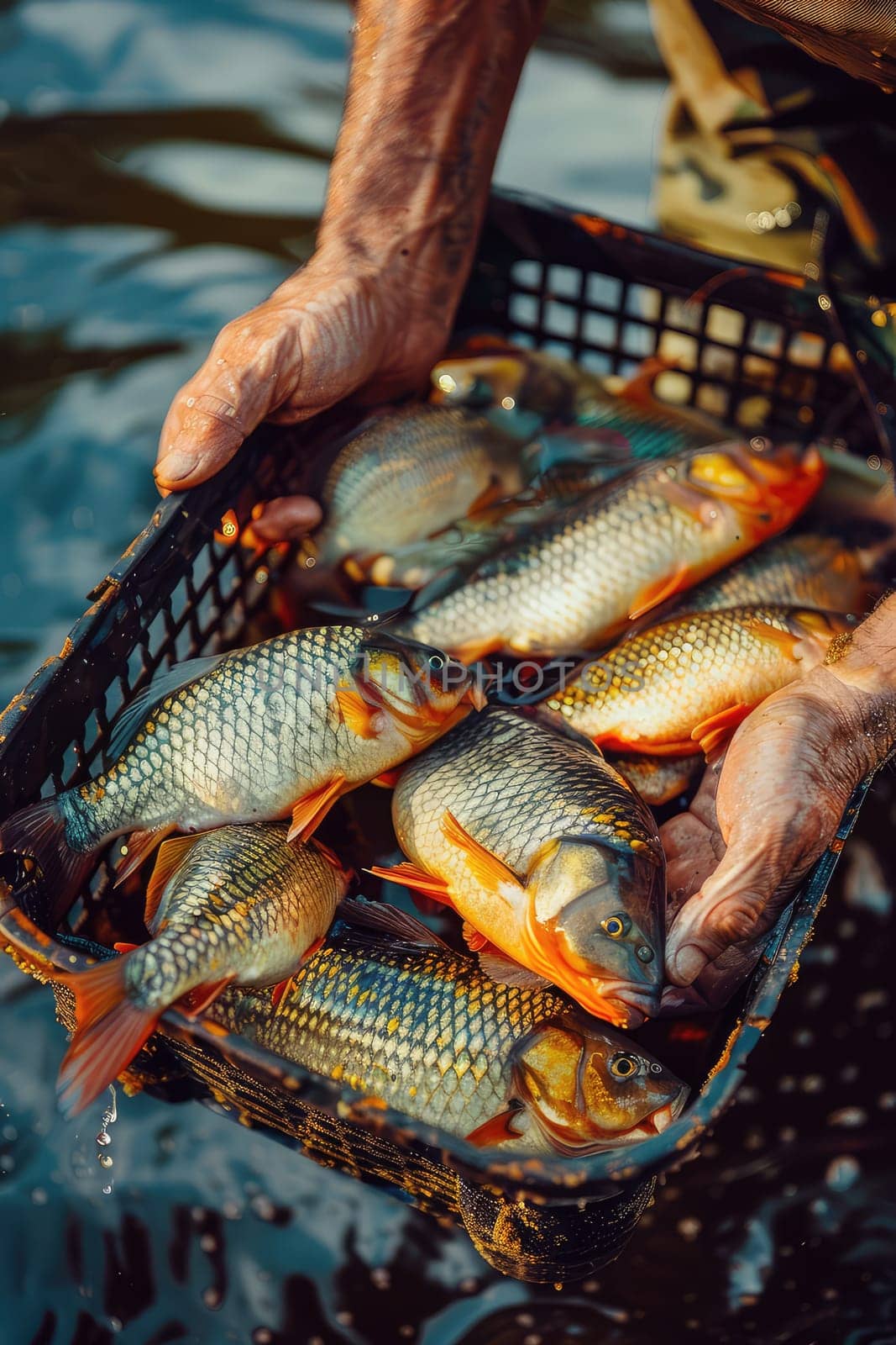 The fisherman holds a fish in his hands. Selective focus. nature.