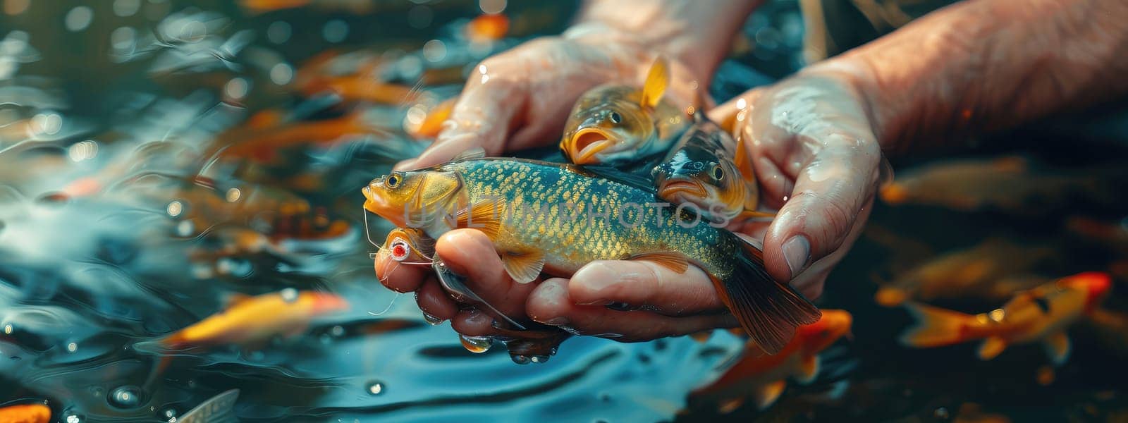 The fisherman holds a fish in his hands. Selective focus. nature.