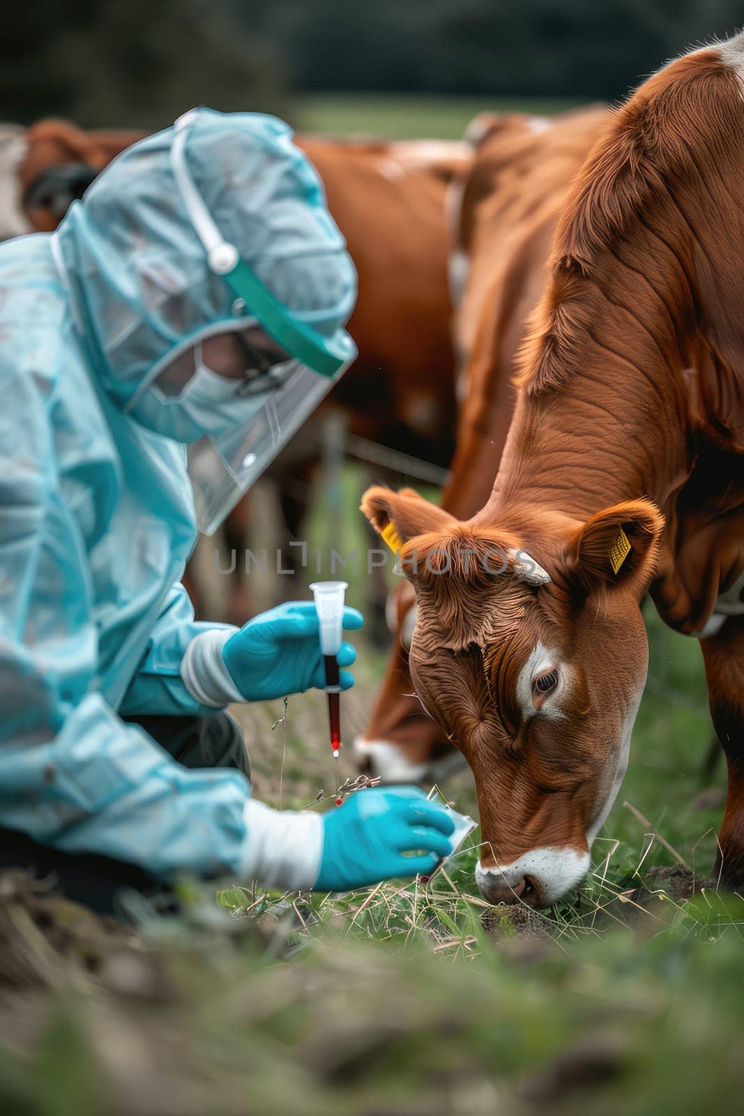 A veterinarian in a protective suit takes tests on animals on a farm. Selective focus. animal.