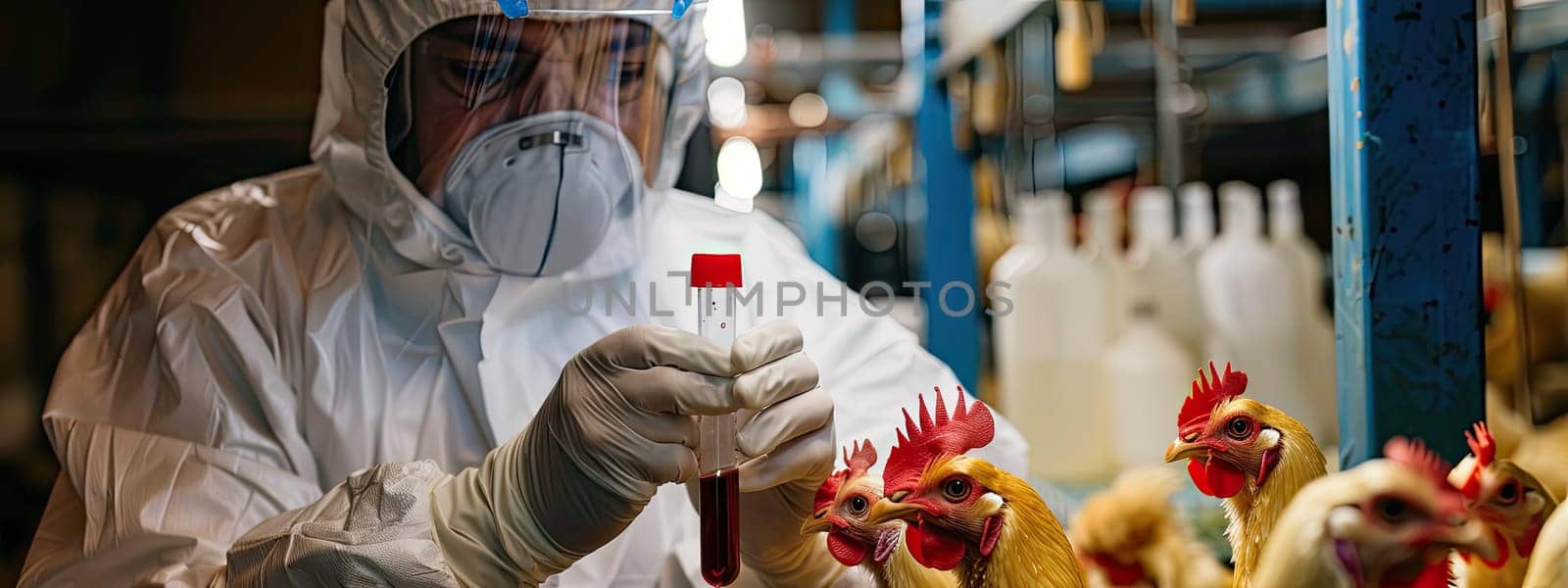 A veterinarian in a protective suit takes tests on animals on a farm. Selective focus. animal.