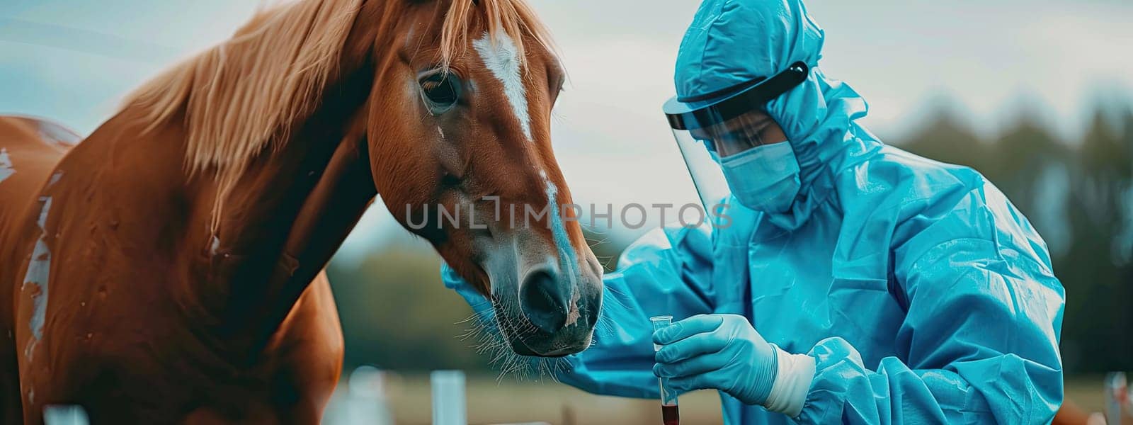 A veterinarian in a protective suit takes tests on animals on a farm. Selective focus. by yanadjana