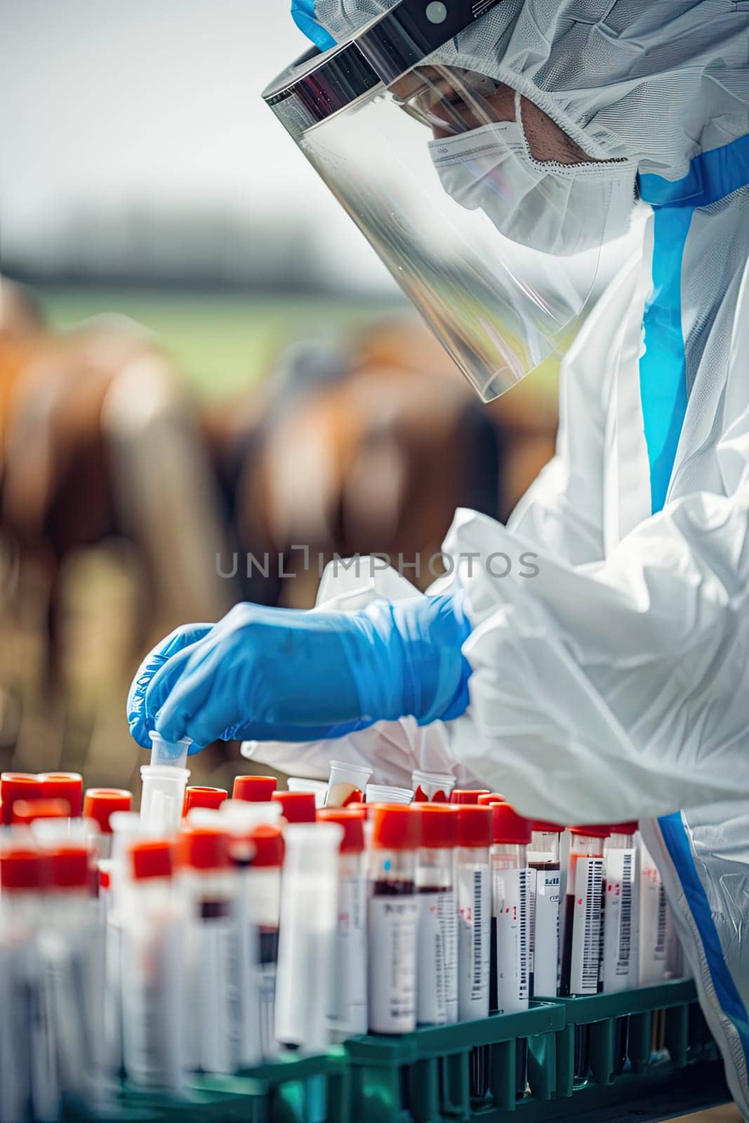 A veterinarian in a protective suit takes tests on animals on a farm. Selective focus. animal.