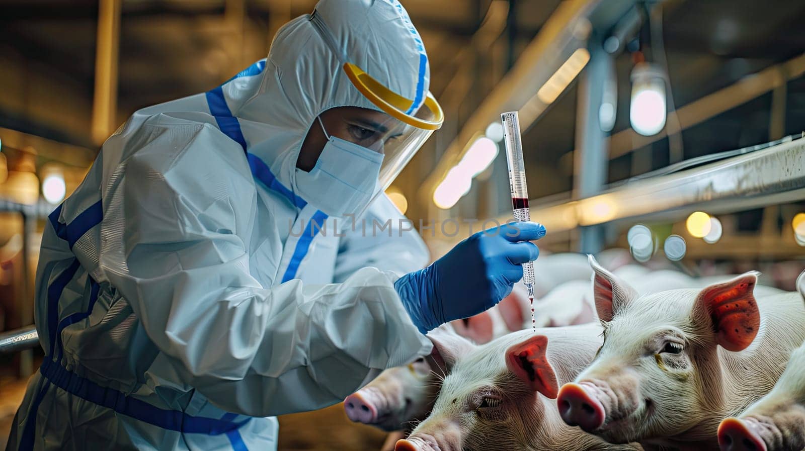 A veterinarian in a protective suit takes tests on animals on a farm. Selective focus. by yanadjana