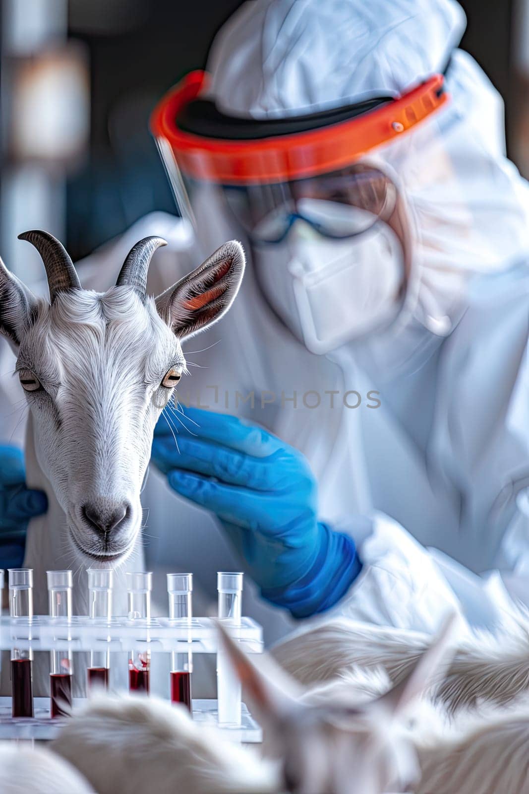 A veterinarian in a protective suit takes tests on animals on a farm. Selective focus. animal.