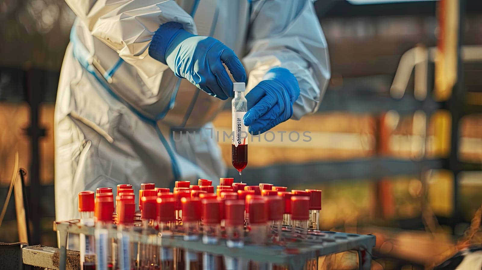 A veterinarian in a protective suit takes tests on animals on a farm. Selective focus. animal.